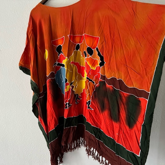 Kaftan Poncho Tunic One Size Relaxed Fit Cover Tassel Fringe Vibrant Multicolor - Picture 2 of 14